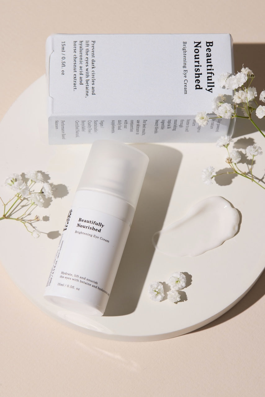 Beautifully Nourished Eye Cream Bottle and Texture shot of natural skincare for bright hydrated eyes