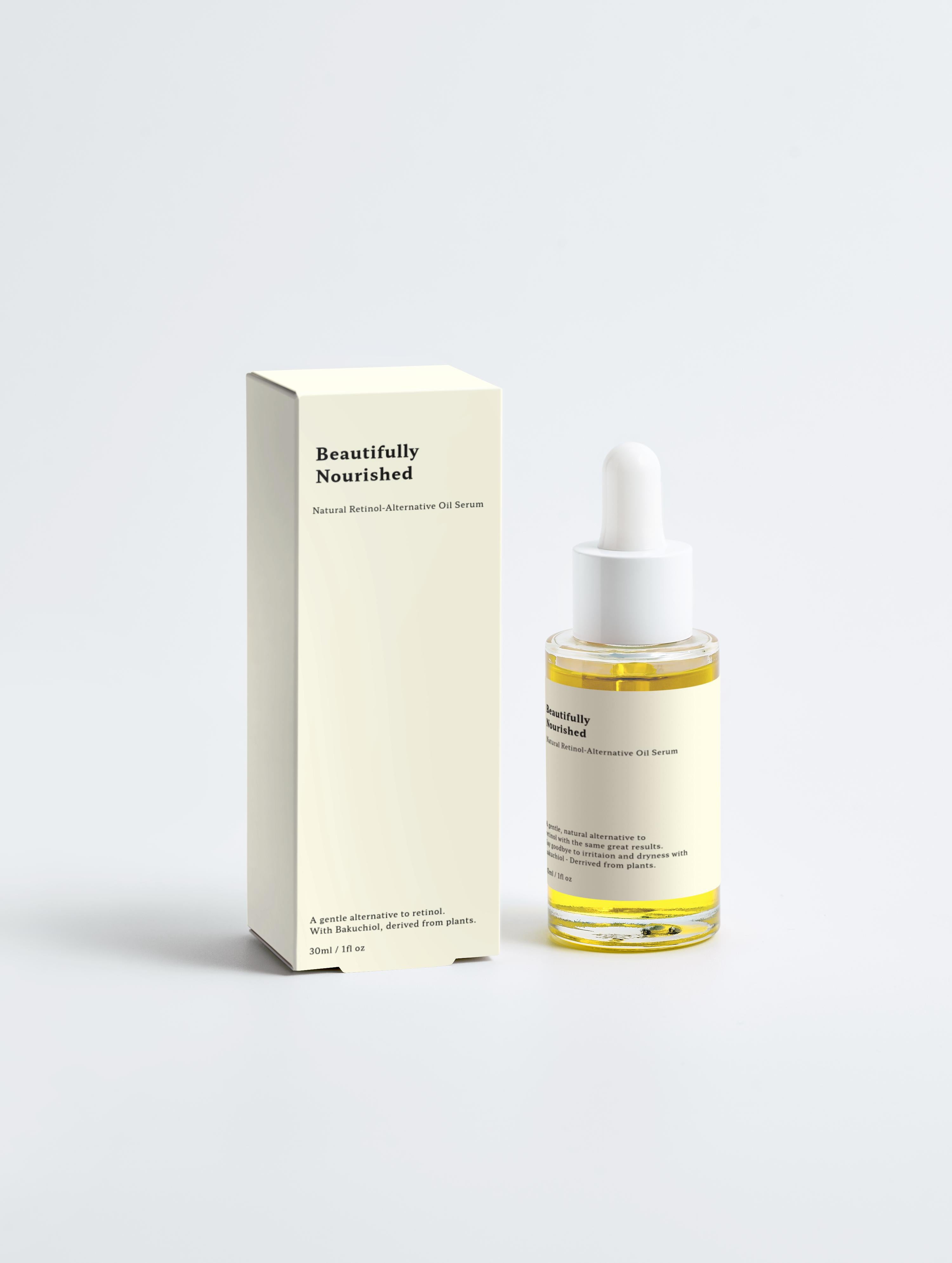 A bottle of natural retinol-alternative oil serum with a dropper, next to its packaging box, labeled for beautifully nourished skin.