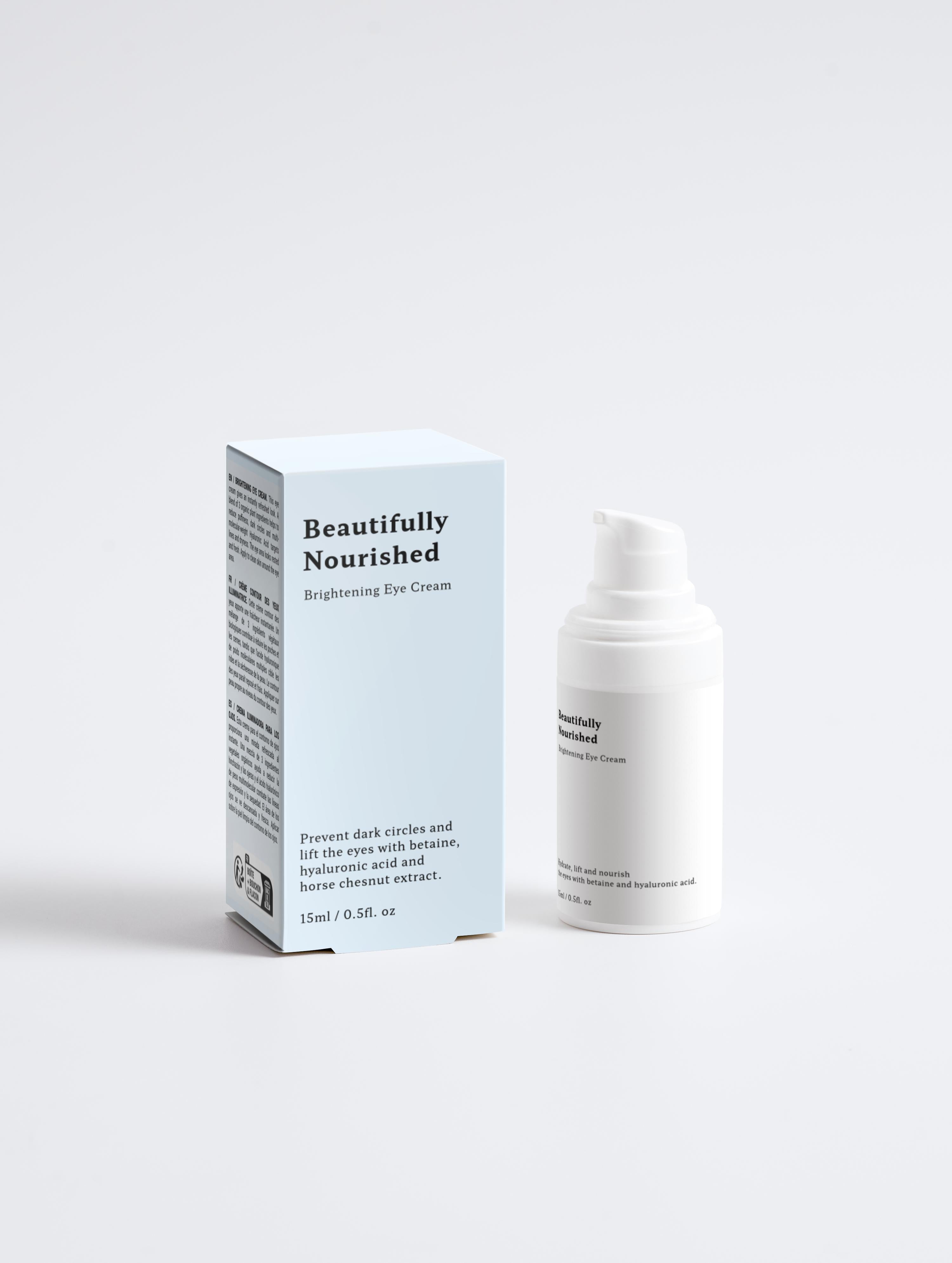 A bottle of Brightening Eye Cream next to its packaging box, labeled Beautifully Nourished - lightweight eye cream for radiant, refreshed under eyes