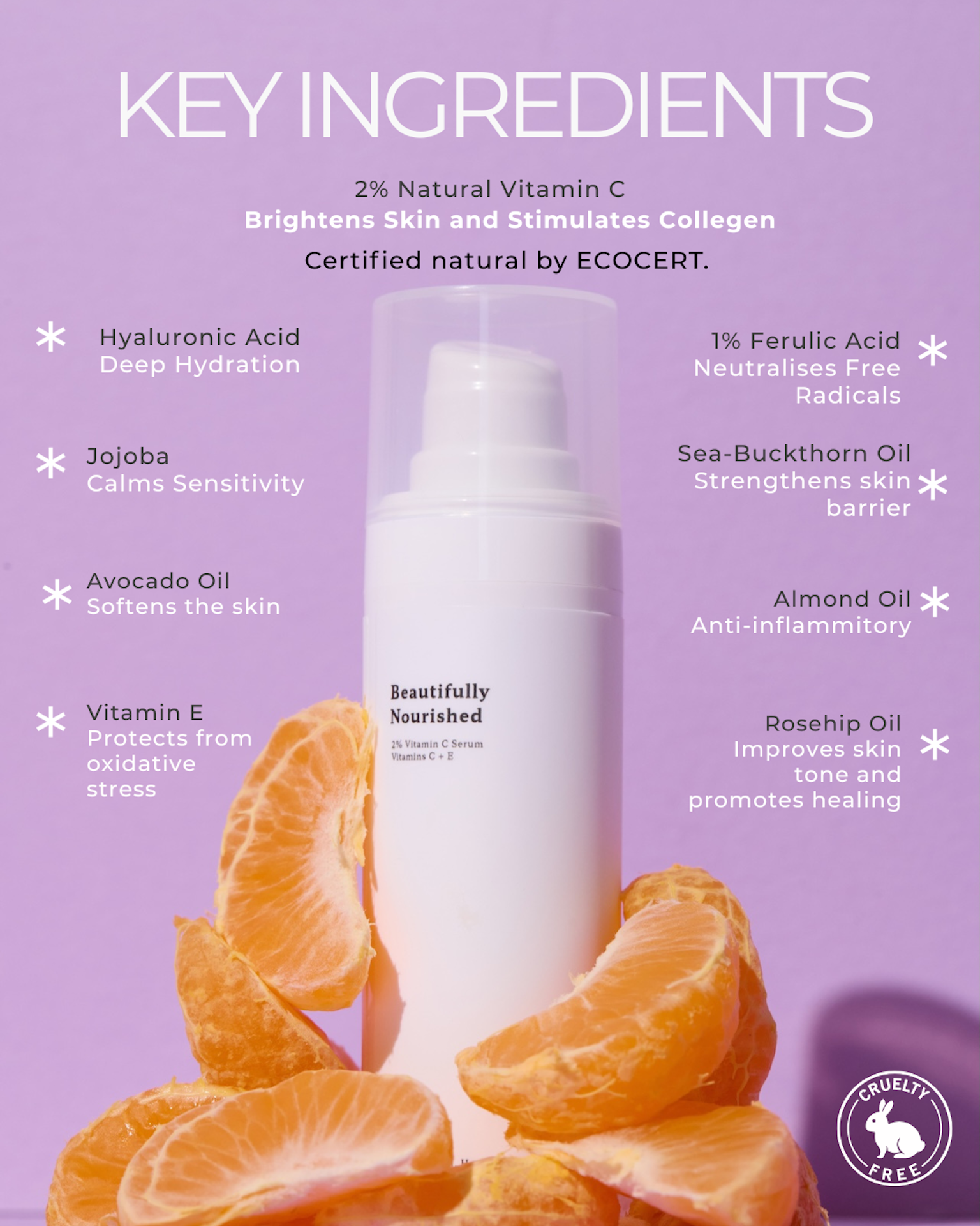 beautifully nourished Skincare product with key ingredients listed on a purple background