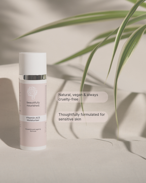 Skincare bottle with plant on a neutral background