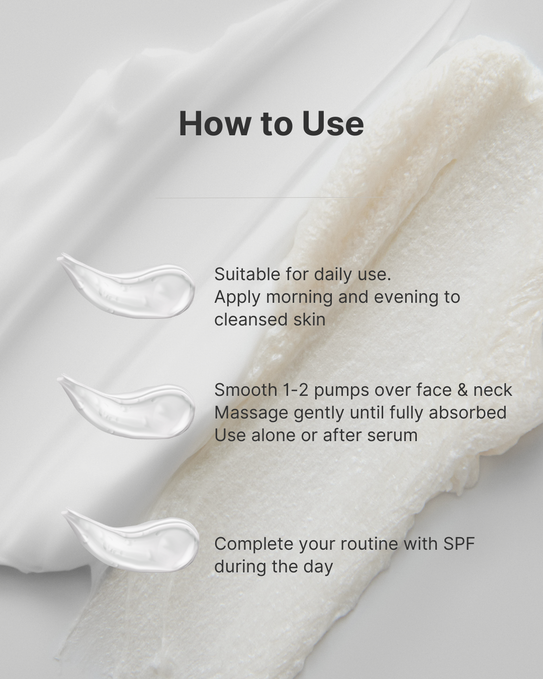Instructions on how to use a skincare product with text overlay on a white background