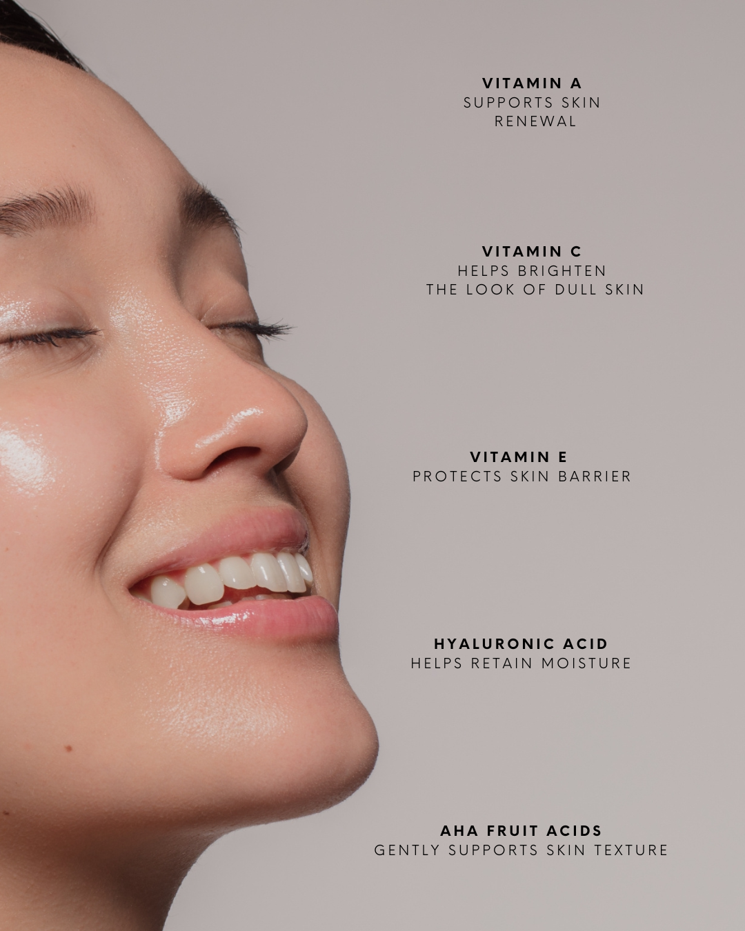 Woman's face with skincare product application and text about vitamins and acids on a gray background